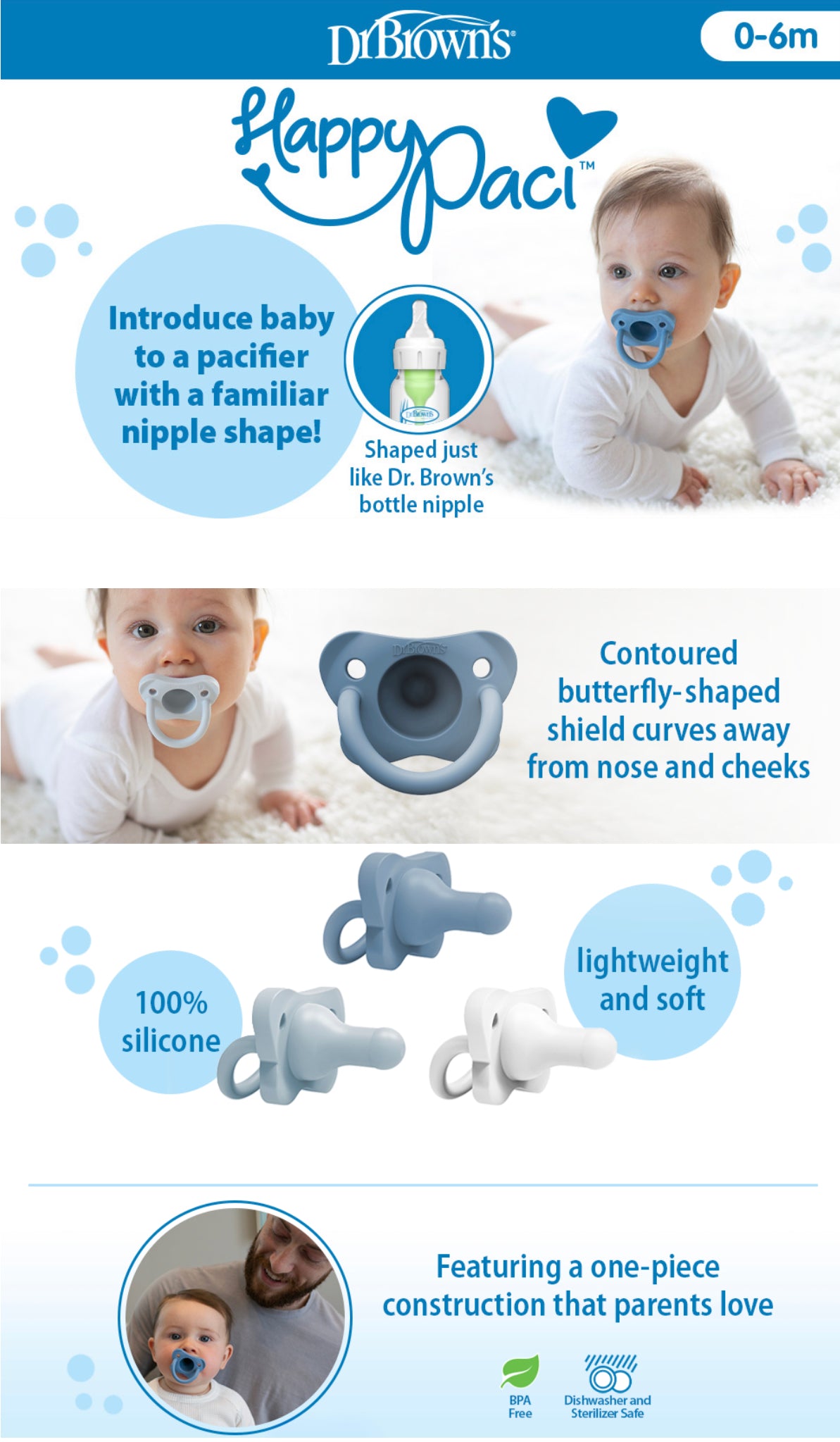 DR BROWNS 0-6 HAPPY PACI SILICON PACIFIER BLUE