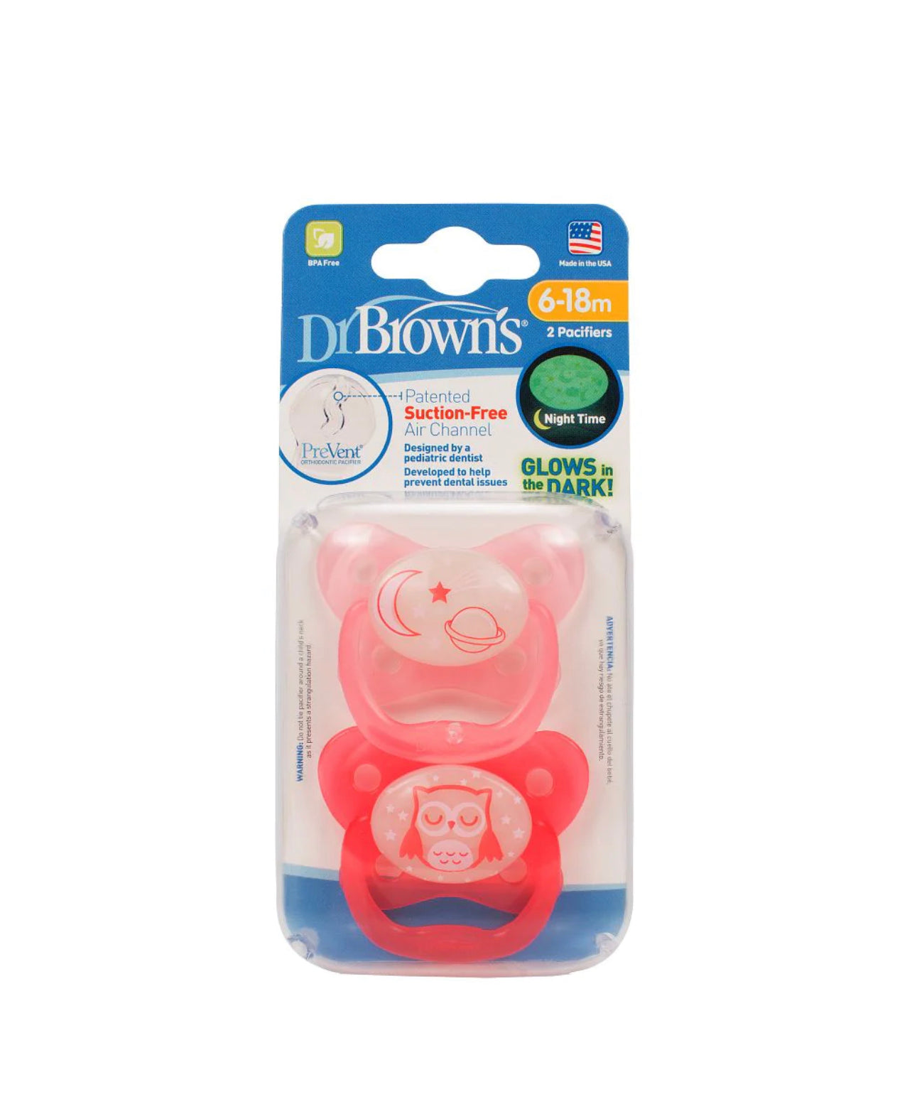 DR. BROWN PREVENT GLOW IN THE DARK PACIFIER 6-18 M